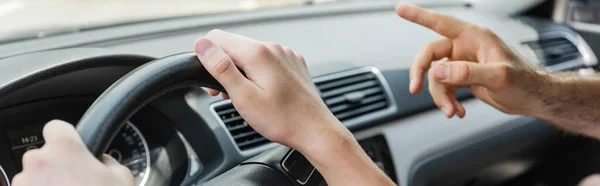Cropped View Father Pointing Away Finger While Teenage Son Driving — Stock Photo, Image