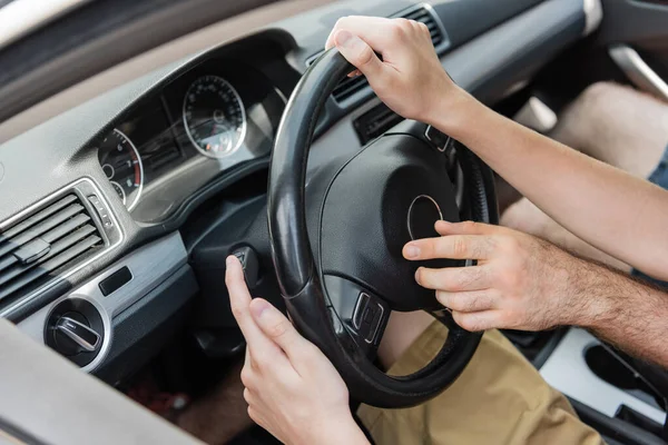 Cropped View Father Son Using Steering Wheel While Driving Car — Stock Photo, Image