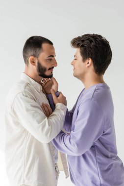 Aşırı neşeli esmer homoseksüel adamın yan görüntüsü kapalı gözlü, sakallı erkek arkadaşının yanağına dokunan gri renkli giysiler içinde. 