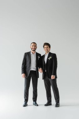 Klasik takım elbiseli genç ve gülümseyen homoseksüel damatlar. Yaka çiçekleri el ele tutuşup gri arka plandaki kameraya bakıyorlar. 