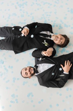 Top view of cheerful gay grooms in classis attire holding hands and looking at camera while lying on blue confetti during wedding on grey background  clipart