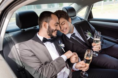 Smiling young gay grooms in elegant suits closing eyes while holding hands and glasses of champagne while sitting on sitting on backseat during honeymoon travel in car  clipart