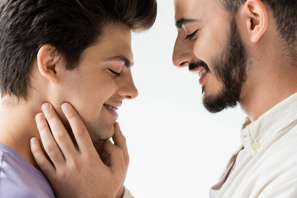 Side view of positive bearded gay man in casual shirt touching face of young partner with braces on teeth while standing together isolated on grey 