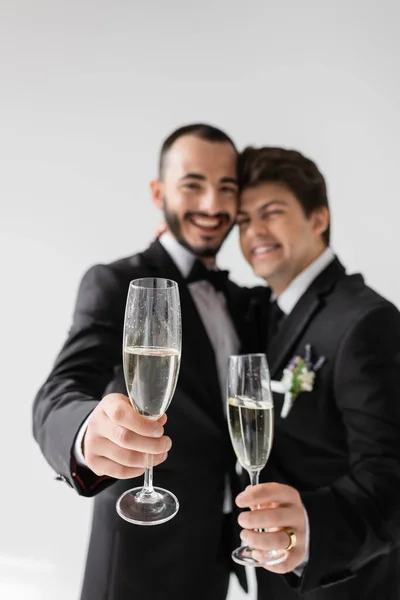 stock image Blurred lgbt couple in elegant formal wear smiling and showing champagne glasses at camera during wedding celebration isolated on grey 