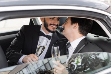 Positive and bearded homosexual groom in elegant suit holding glass of champagne and looking at young boyfriend while sitting on backseat of car during honeymoon  clipart