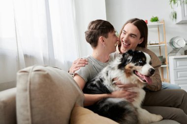 Evdeki oturma odasında kanepede dinlenirken aynı cinsiyetten zevk alan genç çift kürklü Avustralya çoban köpeğinin yanında konuşuyor ve sarılıyor. 