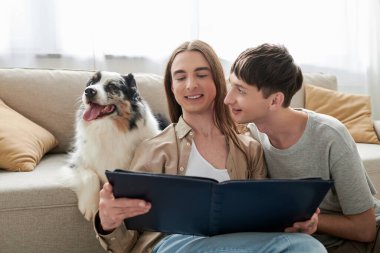 Neşeli lgbt çifti ellerinde fotoğraf albümü tutarken ve birlikte gülümserken evdeki modern oturma odasındaki kanepenin yanında Avustralya çoban köpeğinin yanında oturuyor. 