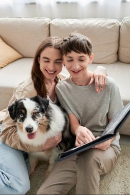 Mutlu eşcinsel çift fotoğraf albümüne bakıp gülümserken mutlu anıları oluyor ve modern oturma odasında Avustralya çoban köpeği ve kanepesinin yanında oturuyor. 