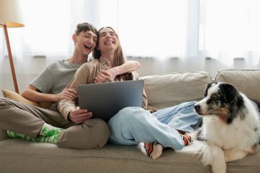 cheerful gay couple in casual clothes hugging and using laptop while sitting together on comfortable couch with pillows near furry friend in modern living room  clipart