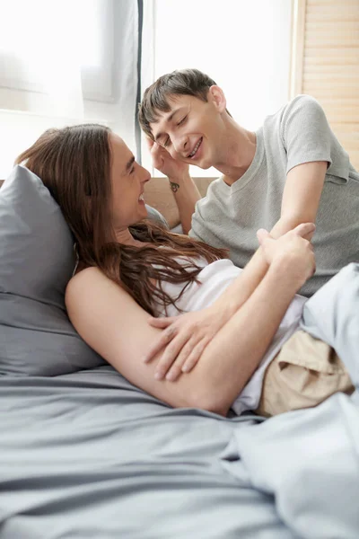 Smiling Long Haired Homosexual Man Sleepwear Touching Face Boyfriend Shirt — Stock Photo, Image