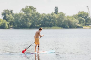 Sarı yüzme şortlu kızıl saçlı bir adam yaz haftasonu yeşil renkli bankayla nehirde kürek çekerken süzülüyor.