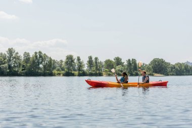Afrika kökenli Amerikalı bir kadın ve genç bir erkek yaz tatili sırasında yeşil nehir kenarında spor kano ile kürek çekiyorlar.