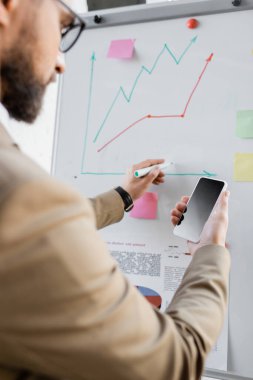 blurred bearded businessman in beige blazer holding smartphone with blank screen while drawing graphs of market research on flip chart in modern office clipart