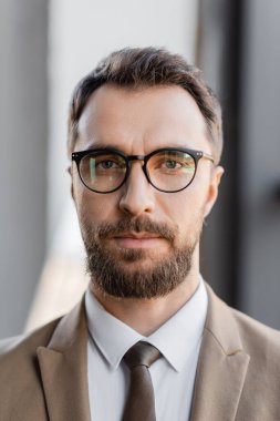 Kendine güvenen ve karizmatik bir iş adamının bej ceket, kravat ve gözlük gibi şık giyinmiş portresi bulanık arkaplanda kameraya bakıyor.