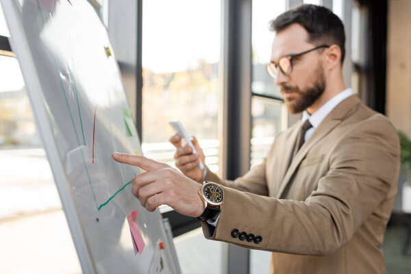 blurred corporate manager in stylish formal wear and luxury wristwatch holding smartphone and pointing at flip chart while working on project in office