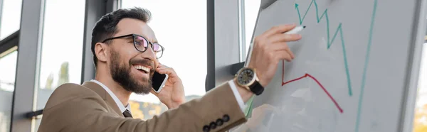 戴着眼镜 头戴米黄色西装 戴手表 满头胡须的企业家兴奋地在智能手机上讲话 拿着标志 看着在办公室的挂图上不断增加的信息画面 — 图库照片