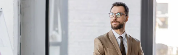 Accomplished Confident Bearded Businessman Beige Blazer Tie Stylish Eyeglasses Looking — Stock Photo, Image