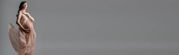 pregnant woman with wavy brunette hair posing in golden bracelets and transparent, flowing chiffon cloth isolated on grey background, maternity fashion concept, banner