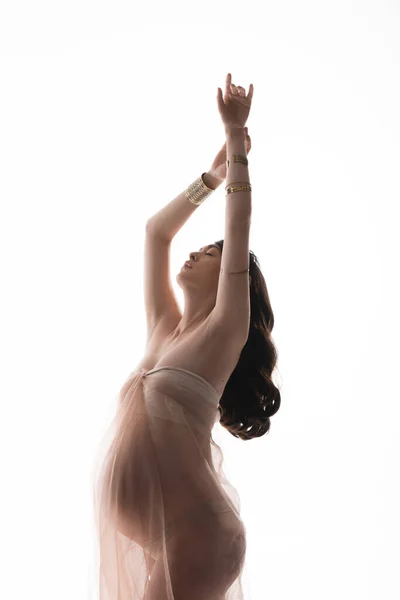 Brunette Pregnant Woman Soft Chiffon Draping Golden Bracelets Posing Closed — Stock Photo, Image