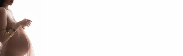 Обрезанный Вид Беременной Изящной Женщины Золотых Браслетах Воздушной Шифон Драпировки — стоковое фото