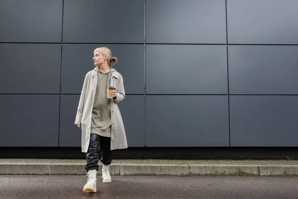 Full Length Young Woman Blonde Hair Bangs Walking Coat Black — Stock Photo, Image