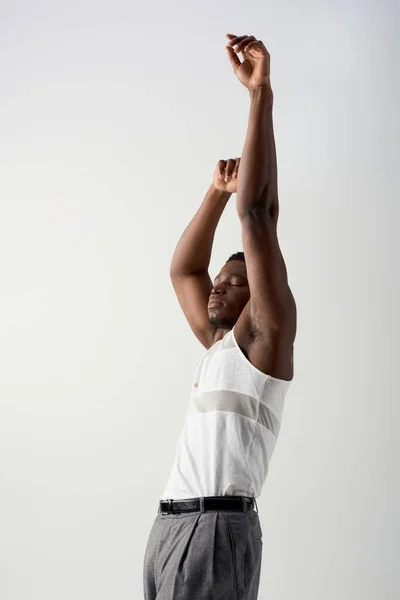 Portrait Young Muscular Afroamerican Man Sleeveless Shirt Pants Raising Hands — Stock Photo, Image