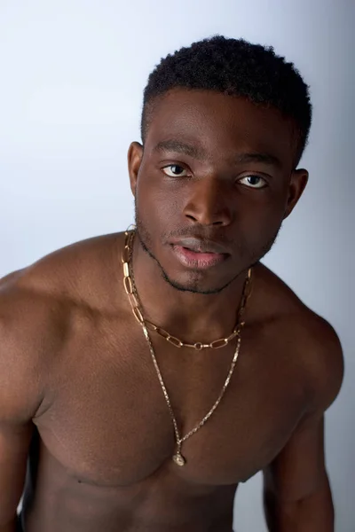 Shirtless African American Man Golden Necklaces Looking Camera Standing Isolated — Stock Photo, Image