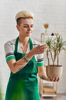 Çevreye duyarlı zihniyet, yeşil önlüklü olumlu ve dövmeli kadın çiçek saksısında egzotik bitkilere dokunurken modern oturma odasında duruyor, sürdürülebilir ev dekorasyonu ve yeşil oturma konsepti