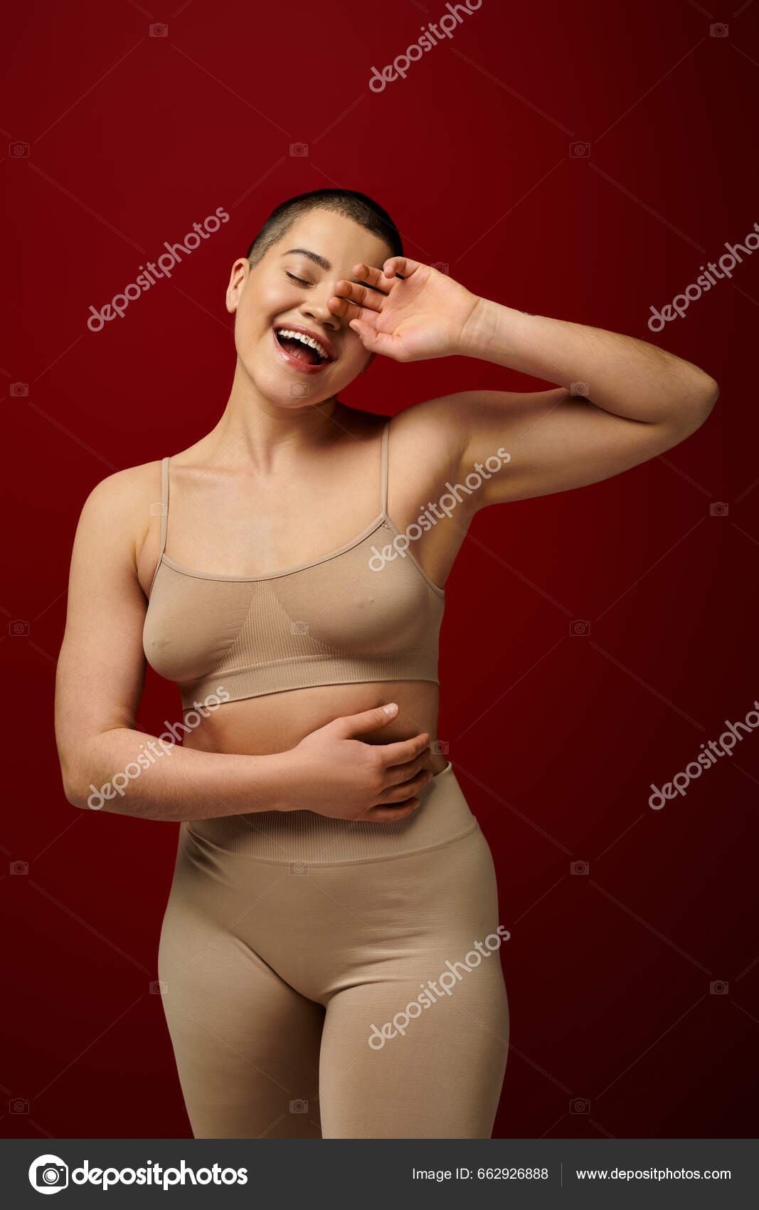 Self Esteem Happy Tattooed Woman Beige Underwear Posing Red Background  Stock Photo by ©HayDmitriy 662926888