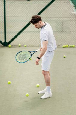 Sahada raketi olan tenis topları, hobi ve eğlence, yakışıklı oyuncu.