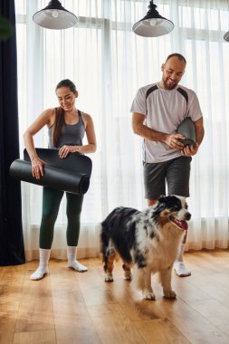 Gülümseyen hayvan sahipleri spor giyim kuşamında ellerinde fitness paspası tutarken evde Colie sınırında dikiliyorlar.