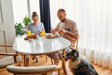 Ev elbiseli pozitif bir çift kahvaltı yapıyor ve sabahları Collie Dog 'un yanında oturuyor.