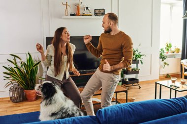 Neşeli bir çift, günlük giysiler içinde, evde oturma odasındaki kanepede Collie 'nin yanında dans ediyorlar.