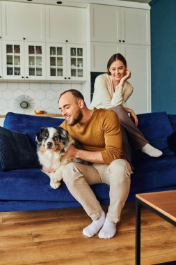 Olumlu sakallı bir adam oturma odasında kız arkadaşının yanında kanepede otururken sınır köpeğini okşuyor.