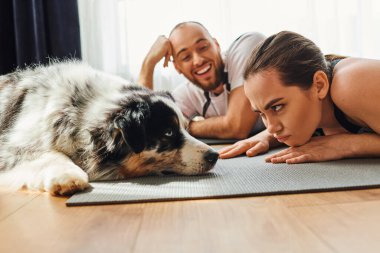 Evde gülümseyen erkek arkadaşının yanında fitness minderinde uzanan ve sınır çoban köpeğine bakan hoşnutsuz bir kadın.