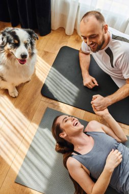 Gülümseyen bir çiftin el ele tutuşup evdeki Colie sınırının yakınındaki spor minderlerinde uzandığı yüksek açılı manzara.
