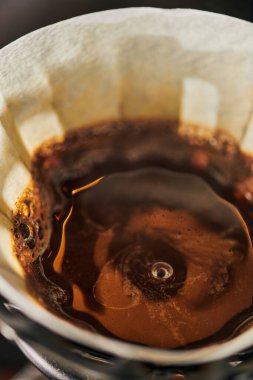 close up view of black, freshly brewed V-60 style espresso coffee with foam in paper filter bag