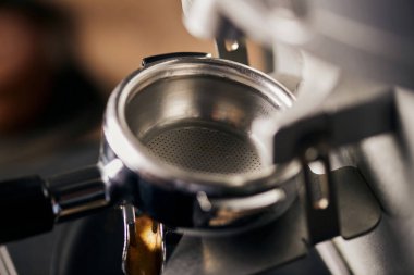 metallic portafilter, coffee machine, close up, coffee extraction, prepare of espresso, cafe  clipart