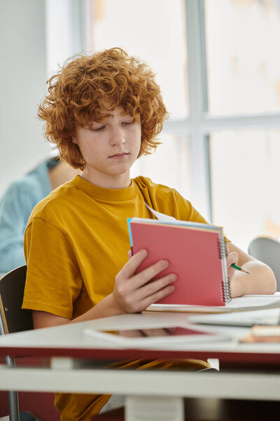 Redhead teenage pupil holding notebook near digital tablet during lesson in classroom