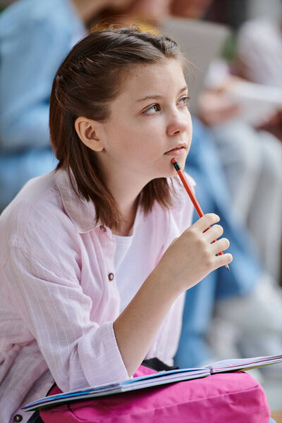 back to school, smart and pensive girl holding pencil near mouth, thinking, notebook, ideas, study
