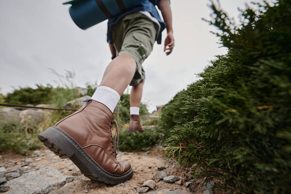 tranquil nature, cropped view of tourist walking in brown boots with white socks, adventure lover