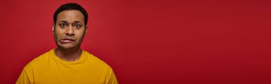 worried indian man in bright clothes looking at camera and grimacing on red background, banner clipart