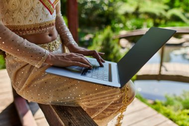 Zarif geleneksel Hintli kadın yaz günü boş ekranlı dizüstü bilgisayar kullanıyor, kısmi manzara