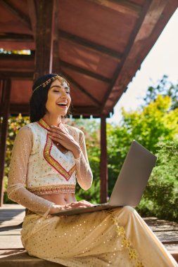 Etnik giyinen heyecanlı Hintli kadın dizüstü bilgisayara bakıyor ve yaz parkının ahşap bölmesinde gülüyor.