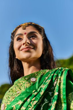 Bindi ve Sari arka planda gökyüzü olan neşeli Hintli kadının düşük açılı görüntüsü