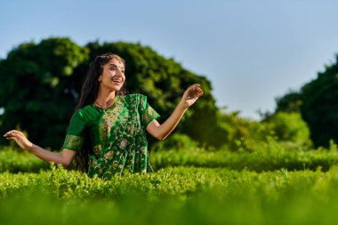 Modern sari ve bindi 'deki modaya uyan Hintli kadın arka planda mavi gökyüzü olan yeşil bitkilerin yanında poz veriyor.