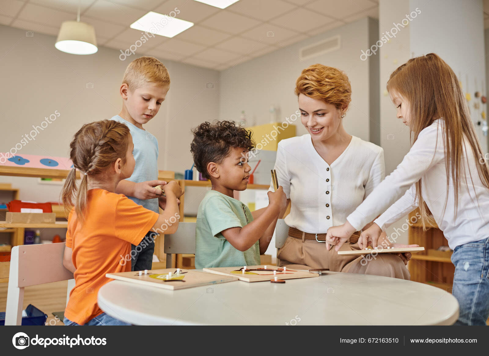 Smiling Multiethnic Kids Holding Didactic Materials Teacher Montessori