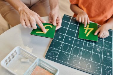 Akıllı kız, öğretmeninin yanında sayıyor, tahtayı sayıyor, Montessori okulunda saymayı öğreniyor.