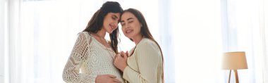 happy lgbt couple hugging warmly smiling with closed eyes, in vitro fertilization concept, banner clipart