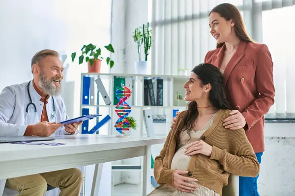 Happy Lesbian Couple Hands Pregnant Belly Looking Cheerfully Doctor Ivf — Stock Photo, Image